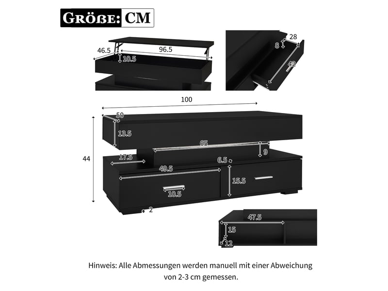  Table basse relevable noire avec éclairage led, plateau hydraulique, panneau de particules, 100x50x44 cm.  - Conforama C