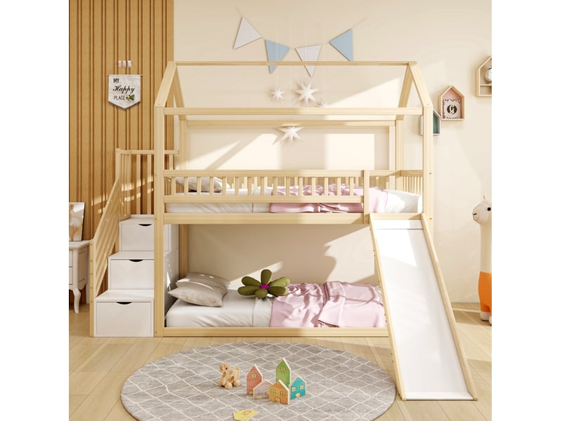  Lit mezzanine enfant 90x200 cm – bois naturel – toboggan, escalier de rangement et sommier à lattes - sans matelas  - Conforama B