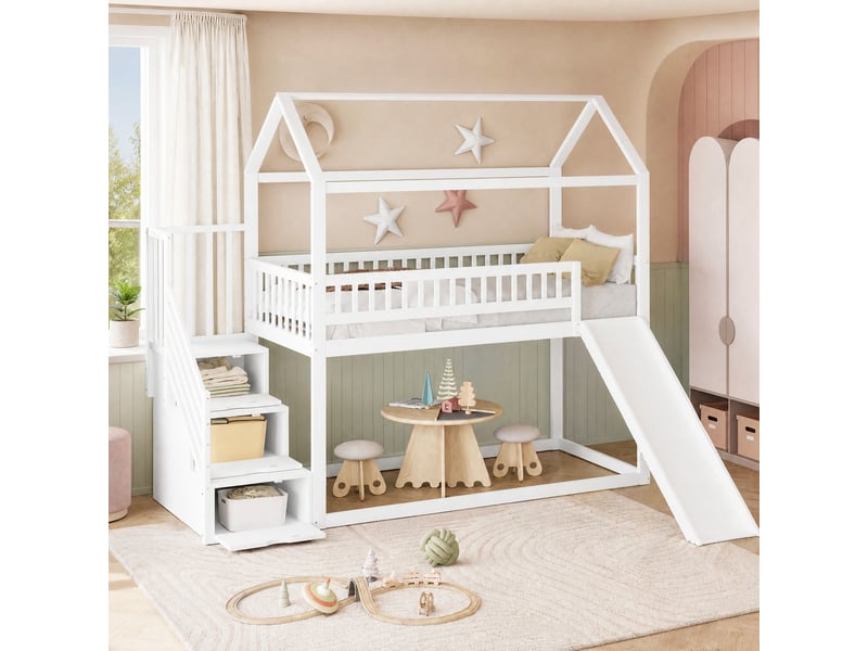  Lit mezzanine, 90x200 cm, lit en hauteur, avec toboggan, escalier de rangement, matelas non inclus, bois, coloris blanc  - Conforama B