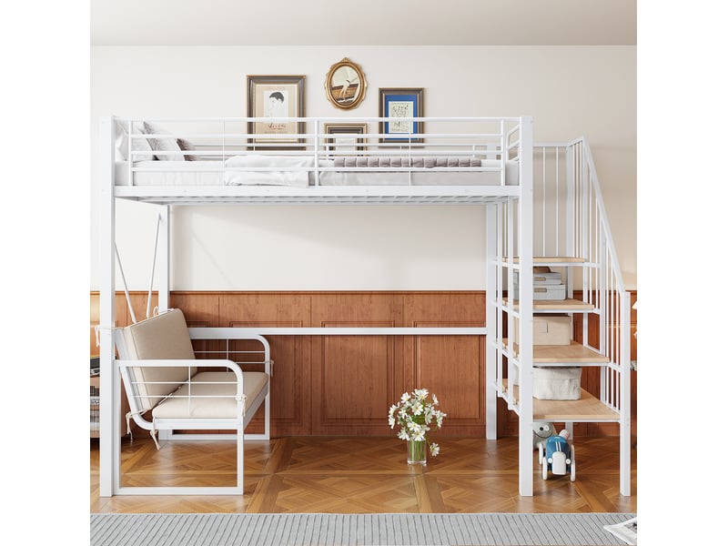 Lit superposé 90x200 cm en métal avec canapé amovible et escalier de rangement - Conforama D