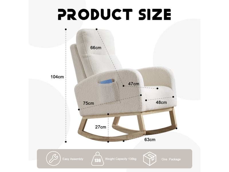  Fauteuil à bascule - fauteuil berçant d'allaitement moderne à dossier haut en polaire douce, 75 x 63 x 104 cm, blanc  - Conforama C