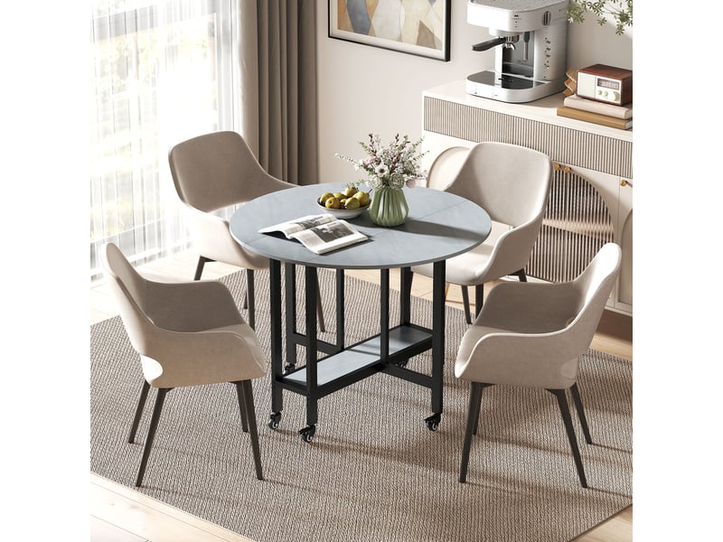  Table de salle à manger pliante à roulettes avec étagère ouverte, idéale pour les petits espaces, gris ciment  - Conforama D