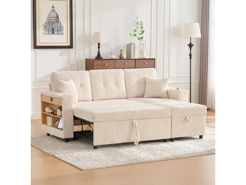 Canapé convertible 3 places modenvie en velours côtelé beige avec rangement, led et usb-c 196 x 82-144 x 85 cm - Conforama D