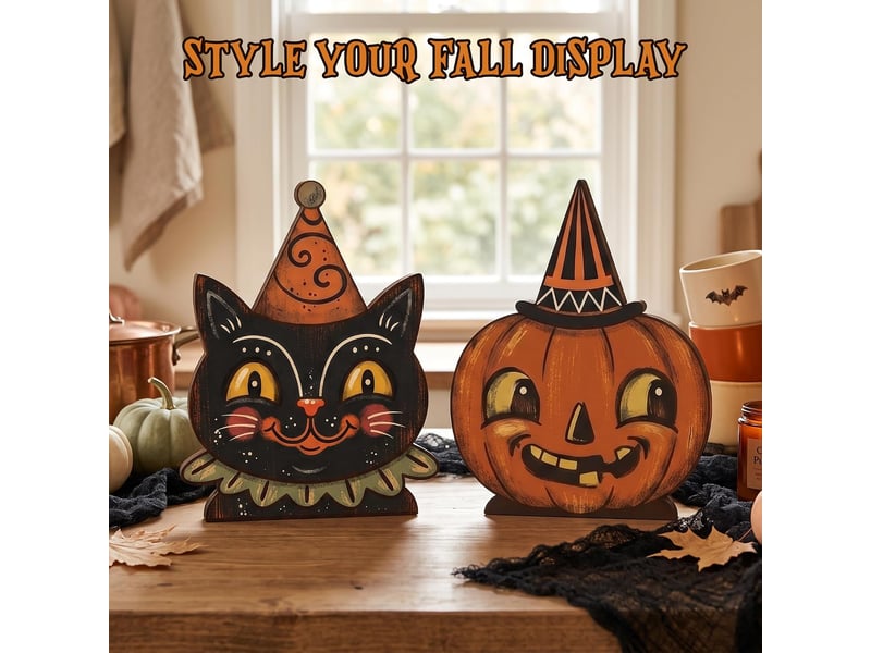  Décoration murale en bois halloween, panneau décoratif – chat noir et citrouille, pour intérieur  - Conforama D