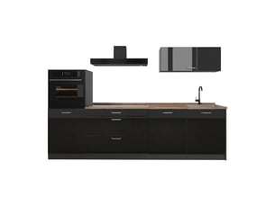 Vicco cuisine, noir haute brillanceanthracite, 280cm plan de travail chêne doré