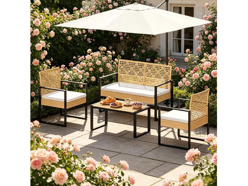  Salon de jardin 4 pièces 112 x 79 x 59 cm naturel, rotin pe et métal, avec table basse pour terrasse  - Conforama D