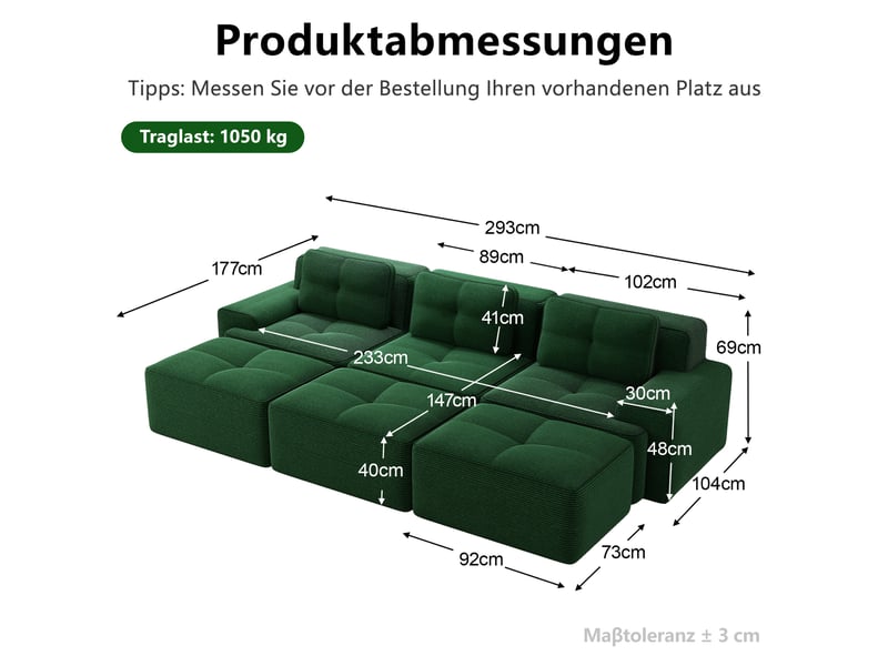  Canapé d’angle modulaire 3 places avec fonction couchage, assise profonde et 3 poufs en velours côtelé vert  - Conforama C