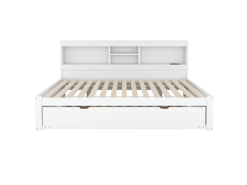  Lit banquette 140x200 cm blanc – lit gigogne, rangements, éclairage led et ports usb  - Conforama A