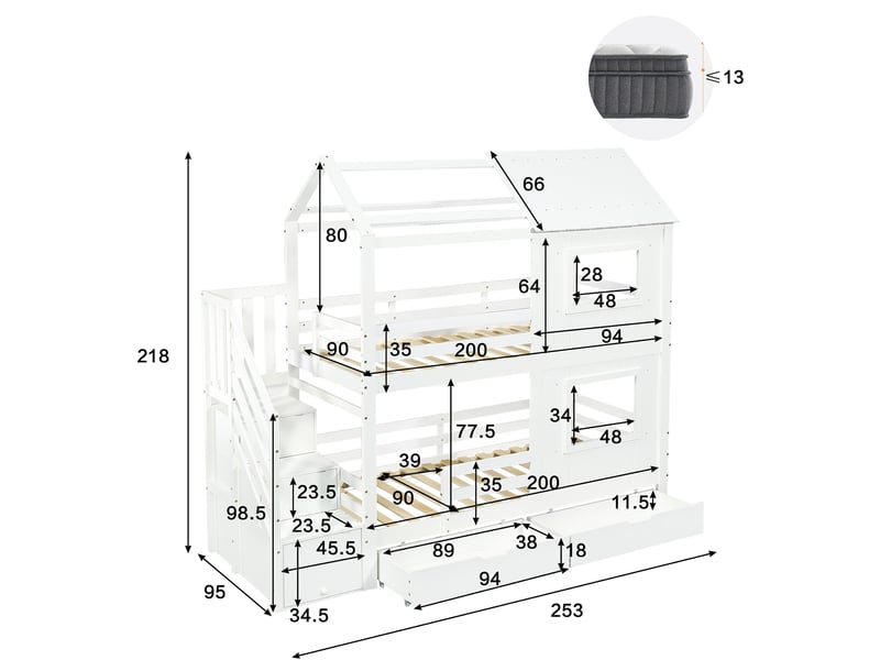  Lit superposé enfant 90x200 cm, lit cabane avec escalier de rangement et tiroir sur roulettes, bois de pin et mdf, blanc  - Conforama E