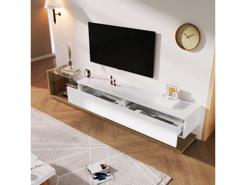 Meuble tv blanc laqué et bois 170 cm avec led réglable, banc tv moderne pour écrans 50-59 pouces - Conforama R