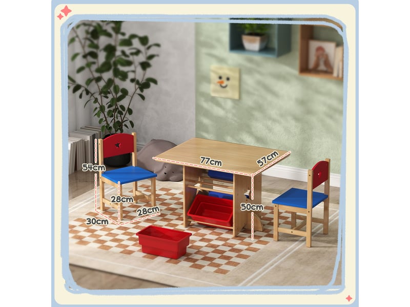  Table enfant avec 2 chaises ensemble table et chaises enfants 3 pièces en bois avec 4 bacs de bois rangement naturel  - Conforama C