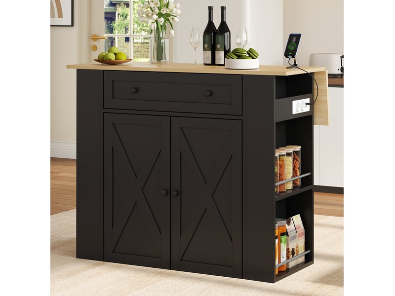  Desserte de cuisine avec 2 portes, 1 tiroir, étagères latérales et plan rabattable avec prises, 120 × 75 × 97 cm  - Conforama B