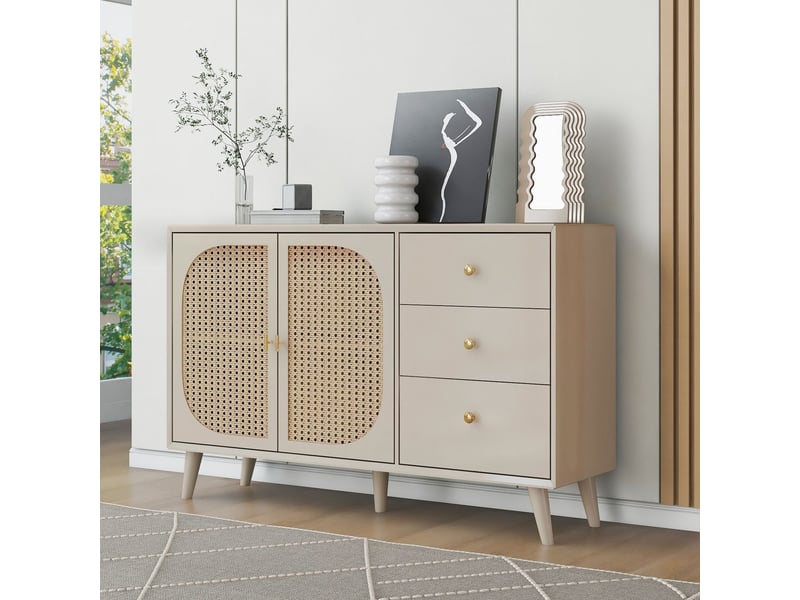 Buffet salle à manger 120 cm, buffet 2 portes 3 tiroirs, rangement généreux, portes cannées rotin, finition crème, pieds bois massif - Conforama D