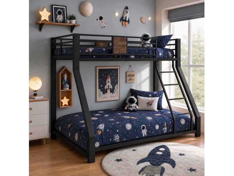 Lit superposé en métal noir, couchages 90x200 et 140x200 cm, échelle réversible - Conforama D