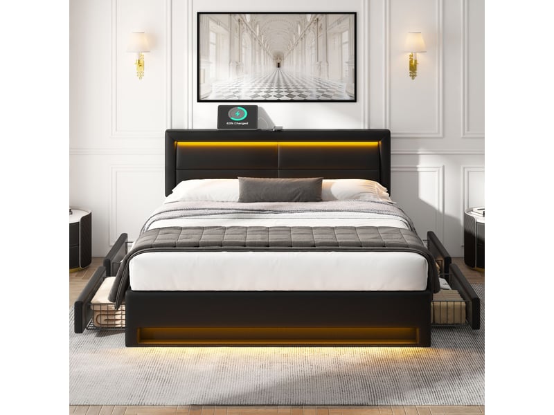  Lit adulte 140x200cm, lit double, 4 tiroirs latéraux, led, charge, tête de lit, pu, noir, sans matelas  - Conforama B