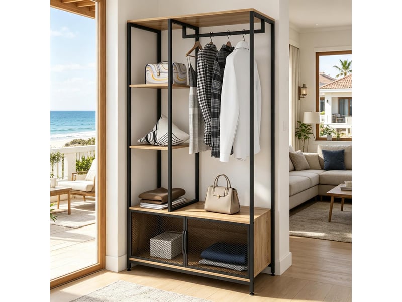  Portant à vêtements penderie ouverte en métal et mdf noir et chêne clair 90x40x167 cm  - Conforama E