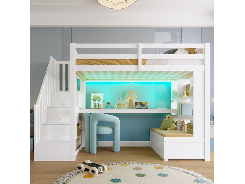 Lit mezzanine 90x200 cm avec bureau, étagères, tiroirs et escalier de rangement en mdf et bois blanc sans matelas  - Conforama B