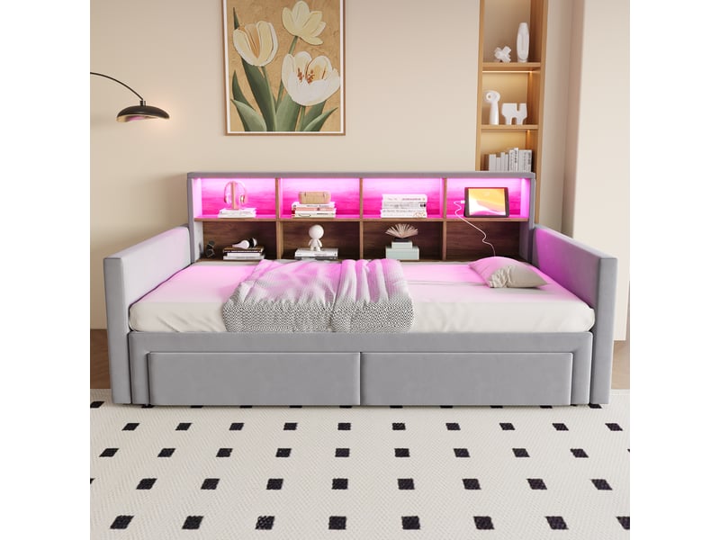  Lit canapé capitonné 90180 x190cm, led et rangements, velours gris clair, avec tiroirs et sommier à lattes  - Conforama E