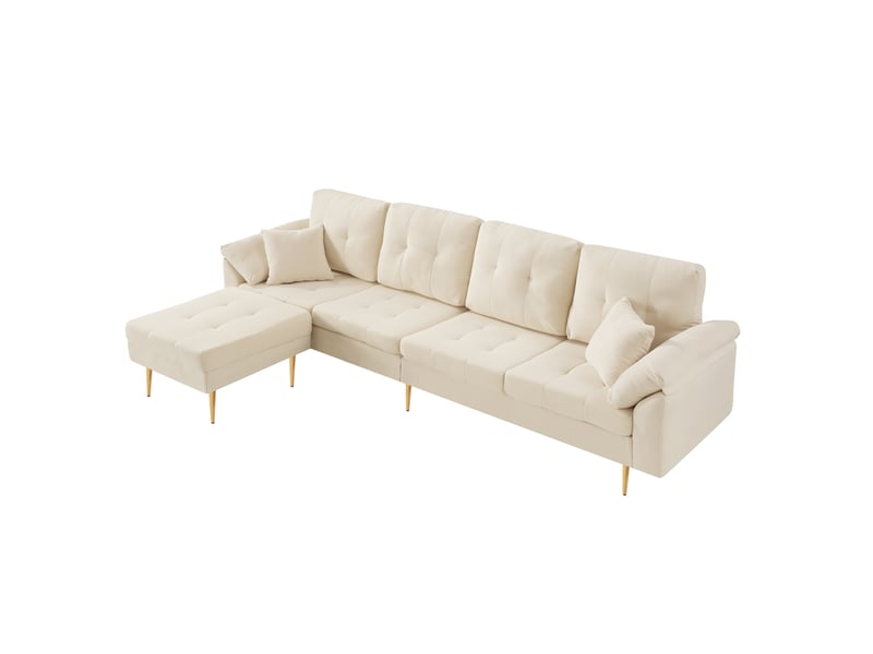 Canapé 4 places 250x70x71 cm avec pouf modulable en velours côtelé couleur beige clair - Conforama A