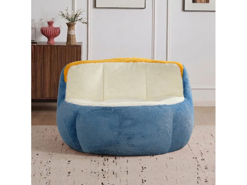 Fauteuil pouf grand format avec mousse déchiquetée, base antidérapante et poignée, en tissu bleu, blanc et jaune - Conforama B