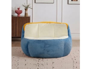 Fauteuil pouf grand format avec mousse déchiquetée, base antidérapante et poignée, en tissu bleu, blanc et jaune