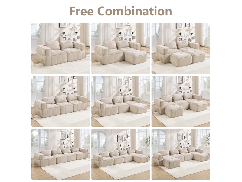 Canapé modulable modenvie 3 places en u avec 2 poufs, mousse haute densité 32d, assise profonde, tissu polyester beige, 271 x 162 x 67 cm - Conforama E