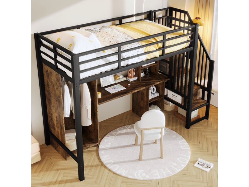  Lit mezzanine 90 x 200 cm avec bureau et armoire, structure métal et mdf noire, rangements intégrés  - Conforama B