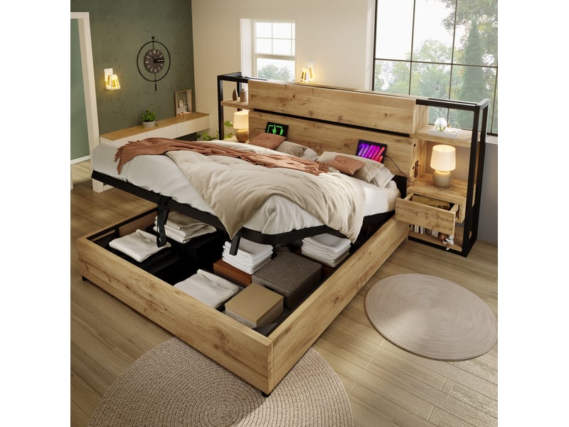 Lit double 160 x 200 cm avec rangement hydraulique, tête de lit, tiroirs et ports usbusb-c, chêne et noir, matelas inclus - Conforama C