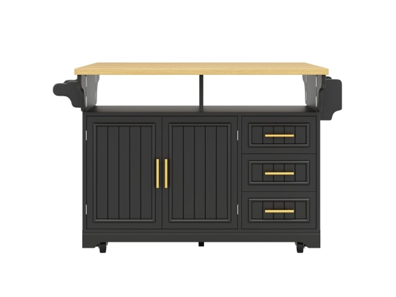  Îlot de cuisine mobile 120 x 40 x 95 cm, plateau extensible, 3 tiroirs, 2 portes et roulettes, noir, style contemporain  - Conforama E