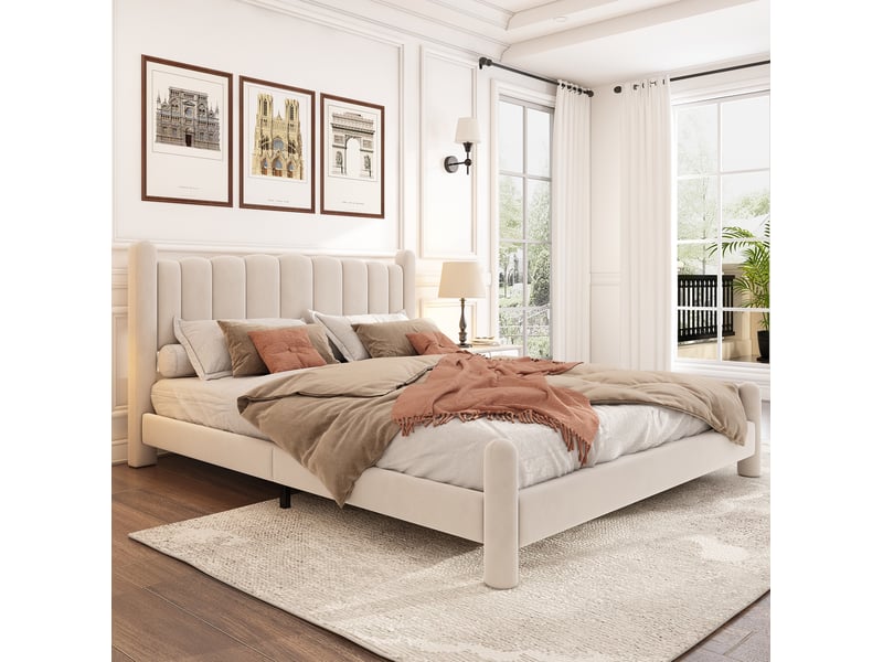  Lit 160x200 cm avec sommier à lattes et tête de lit à motif éventail, pieds cylindriques, beige, sans matelas  - Conforama B