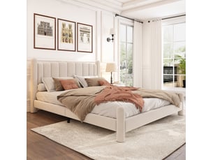 Lit 160x200 cm avec sommier à lattes et tête de lit à motif éventail, pieds cylindriques, beige, sans matelas