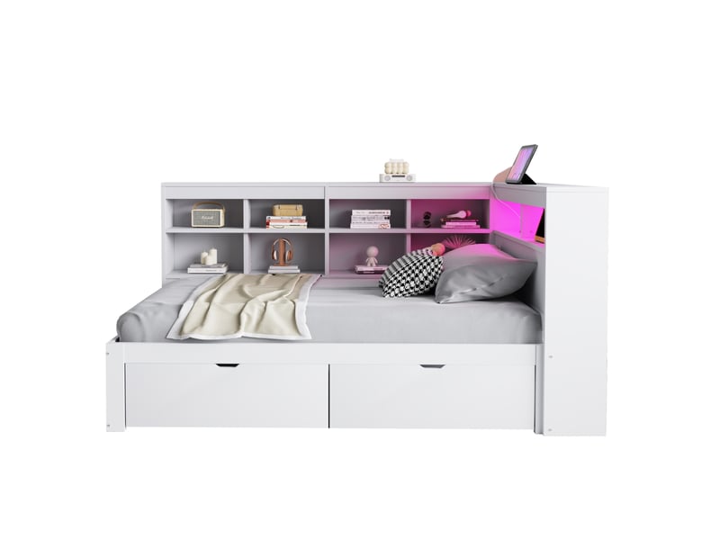  Modenvie lit banquette 90x200 cm - avec rangement intégré, led et ports usb, sans matelas - blanc  - Conforama A