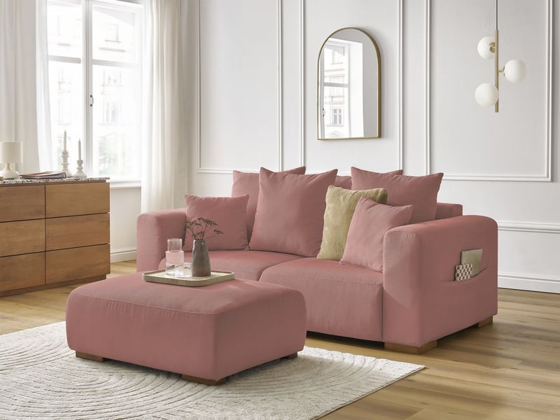 Bobochic canapé droit fixe 2 places sidonie velours côtelé avec pouf rose SIDONIE - Conforama B