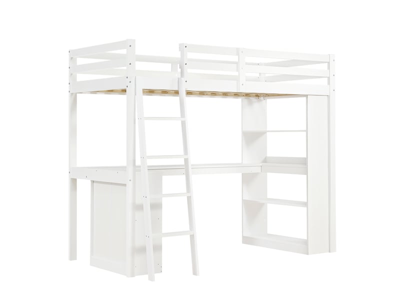 Lit mezzanine enfant avec étagère et échelle inclinée, pinpanneau aggloméré blanc, 90x200cm, garde-corps et rangement en feutre - Conforama D