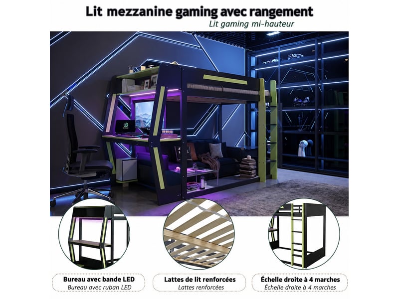 Lit mezzanine gaming 120 x 200 cm avec bureau, support pc, rangements, espace inférieur libre et éclairage led, noir et vert - Conforama B
