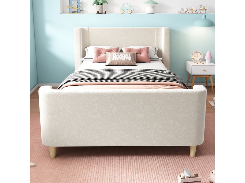  Lit simple 90x200cm, design simple, lit enfant avec tête de lit et sommier, velours beige, sans matelas  - Conforama E