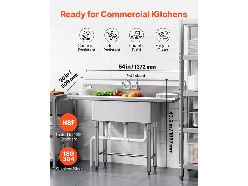  Vevor evier de cuisine a 3 cuves de 25,4x35,6x25,4 cm, evier autoportant sur pied, pour restaurant camion-restaurant maison, en acier inoxydable 304 de calibre 18, avec 2 egouttoirs et dosseret  - Conforama B