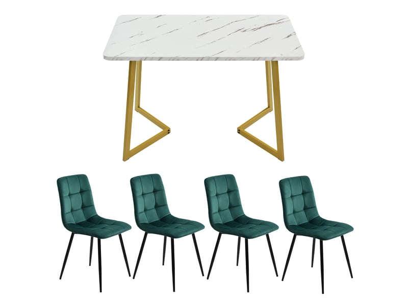  Ensemble table à manger avec 4 chaises, table à manger rectangulaire de 117 cm, plateau effet marbre et velours vert foncé  - Conforama E