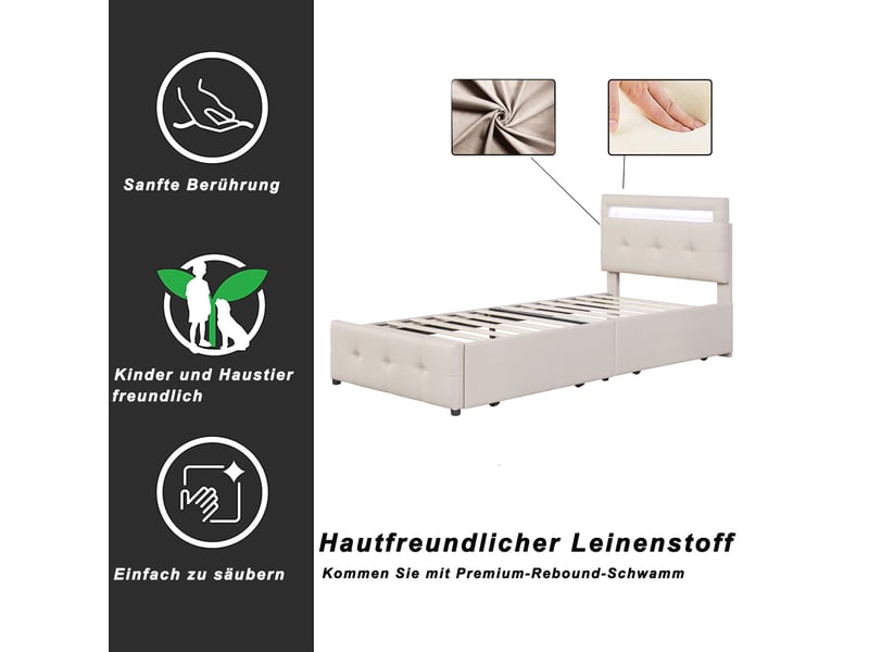  Lit enfant 90x200 cm avec led, 2 tiroirs, tête de lit réglable et sommier, lin, beige, sans matelas  - Conforama E