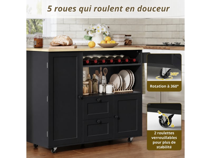  Îlot de cuisine mobile avec plateau de travail rabattable, rangement et roulettes verrouillables, noir et bois clair  - Conforama B