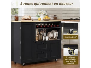 Îlot de cuisine mobile avec plateau de travail rabattable, rangement et roulettes verrouillables, noir et bois clair