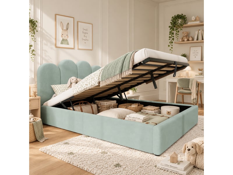  Lit coffre rembourré 140x200 cm avec sommier relevable hydraulique, grand rangement et tête de lit arquée en velours, vert  - Conforama E