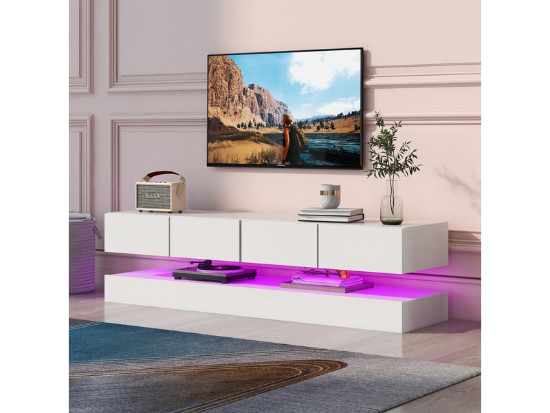 Meuble tv mural led suspendu blanc 130 cm pour téléviseur jusqu'à 55 pouces avec 4 tiroirs  - Conforama B