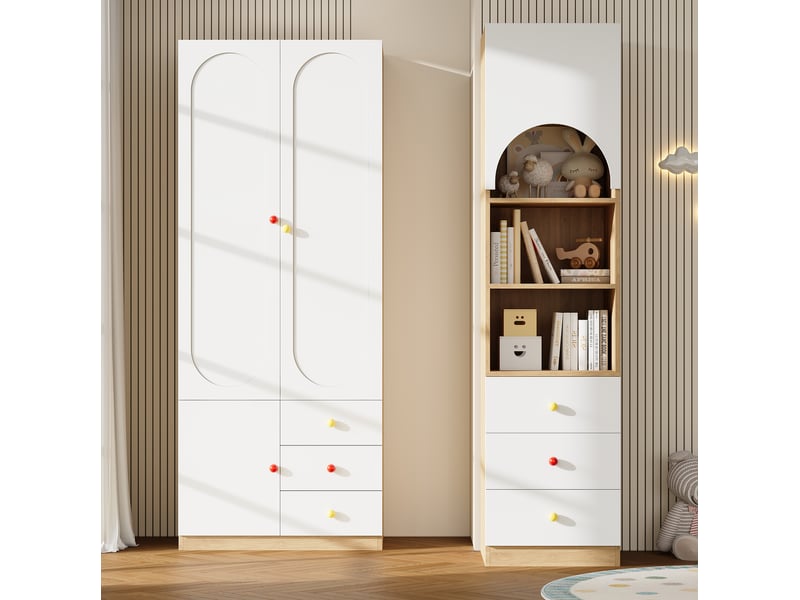 Ensemble armoire enfant 130 x 50 x 200 cm – blanc et naturel – penderie et rangement modulable à tiroirs - Conforama B