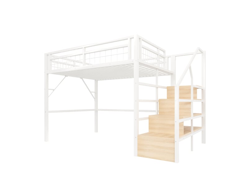  Lit mezzanine blanc 140x200 cm en métal avec escalier rangement et led, sans matelas  - Conforama D