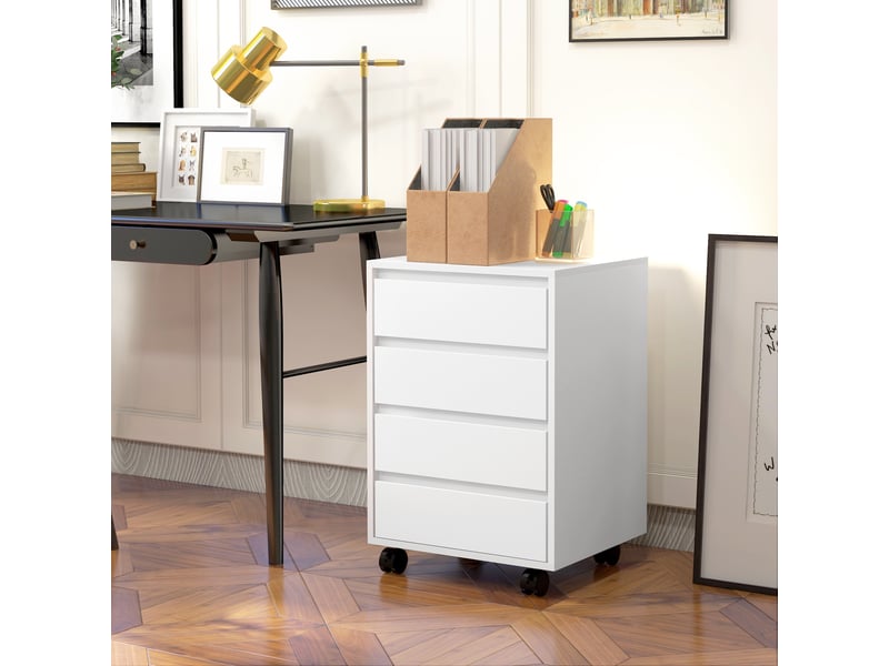  Caisson de bureau à 4 tiroirs, avec roulettes, pour bureau ou espace de travail, 46 x 40 x 65 cm, blanc  - Conforama D