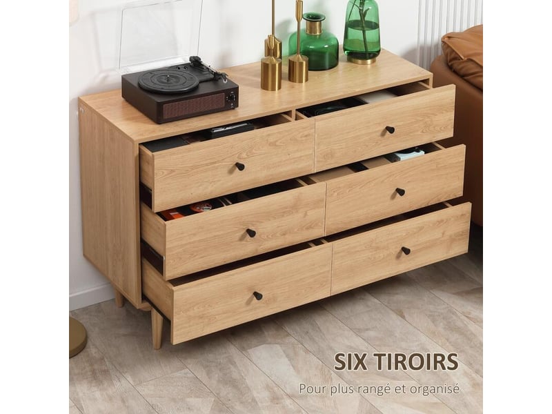  Commode 6 tiroirs meuble de rangement pieds en bois massif 120 x 40 x 80 cm couleur bois  - Conforama E