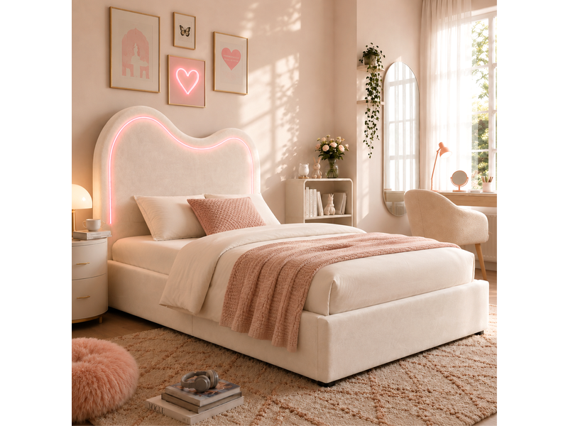  Lit enfant coffre 90x200 cm en velours beige avec led pilotable par application, sommier inclus et sans matelas  - Conforama B