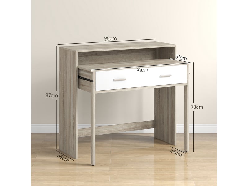  Table console avec plateau coulissant et 2 tiroirs, table de couloir avec rangement, 95l x 35p x 87h cm, aspect chêne  - Conforama C