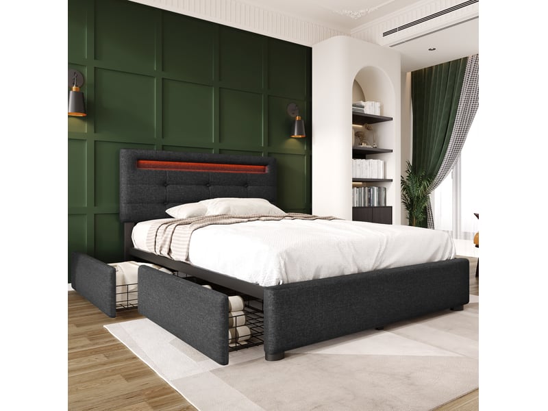  Lit rembourré 90 × 200 cm 1 place avec 2 tiroirs, led réglable et tête de lit ajustable, matelas inclus, gris  - Conforama C